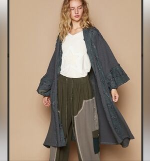 NEW!!!! POL Gray and Green Floral Kimono Long Coat,Sz MED/LG,NWT